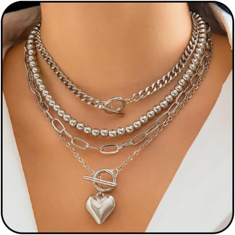 🆕Women Silver Heart Pendant Necklace Chunky Layered Paperclip Chain Jewelry Set